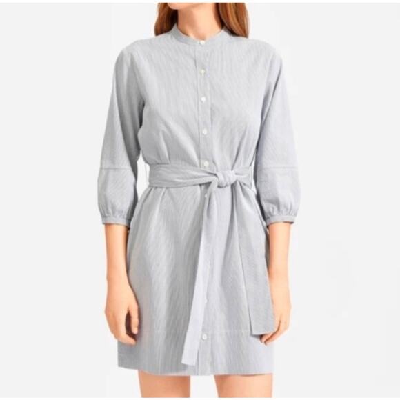 Everlane Blue Striped Cotton Weave Collarless Shirt Belt Midi Dress, size 2 - Picture 1 of 9
